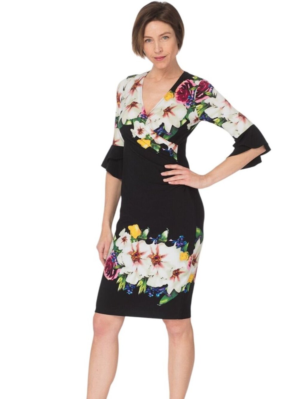 Joseph Ribkoff Dress Size 14 Surplice V-Neck Floral Ruffle Sleeve Black Cocktail